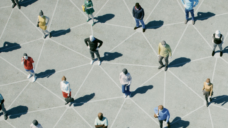 People spaced away from each other with lines connecting everyone together